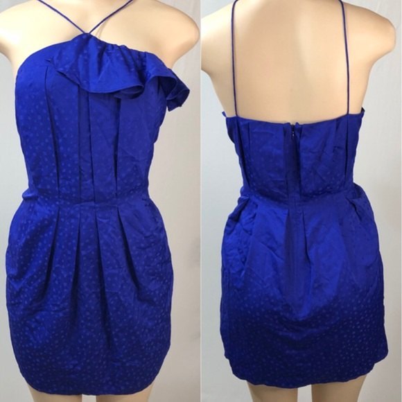 TOPSHOP Frill Jacquard Mini Dress Blue Strapless Spaghetti Strap Dress Size 8 - Picture 1 of 8